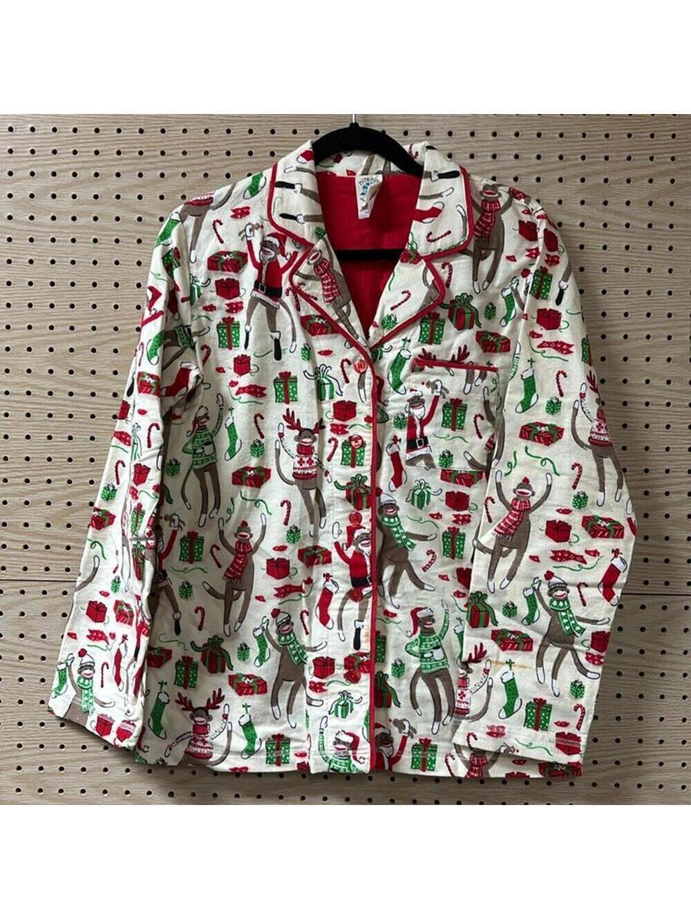 🇺🇸Munki Munki Cream Christmas Theme Long Sleeve Button Down Pajama Holiday Top